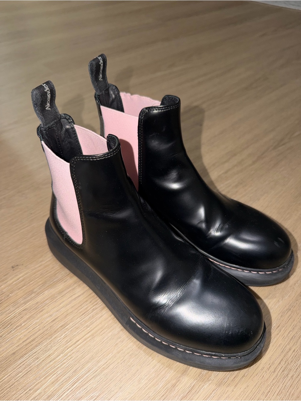 Alexander McQueen Black Leather Chelsea Boots with Pink Elastic Side Panels